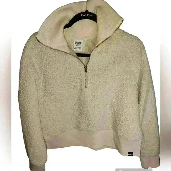 PINK Sherpa Sweater cream color size m crop (70) - Picture 1 of 3